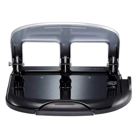 Top view of EZ Squeeze Three Hole Punch With No Jam Technology Pushing Through 40 Sheets Effortlessly For Home Office Use, black and silver.