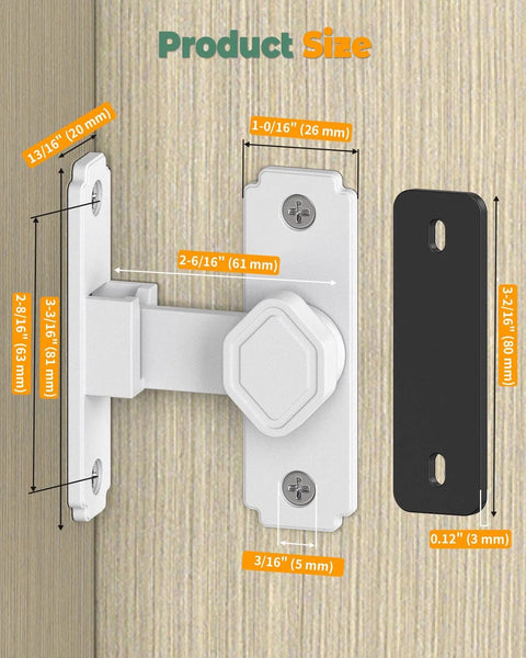90 Degree Barn Door Lock Latch For Cabinets And Sliding Doors Right Angle Lock showing dimensions and white color