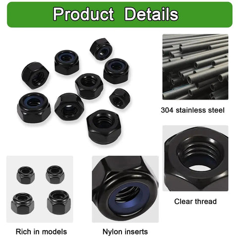All In One Black Lock Nuts And Flat Washers Kit With M3 To M12 Sizes In 304 Stainless Steel, Heavy Duty, Corrosion Resistant