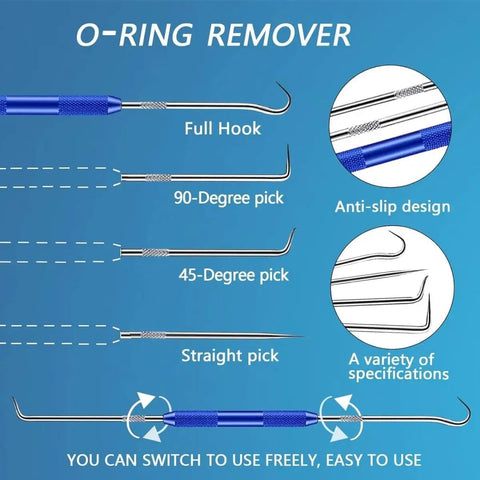 O-ring remover tool set with full hook, 90-degree pick, 45-degree pick, straight pick, and anti-slip design features visible.