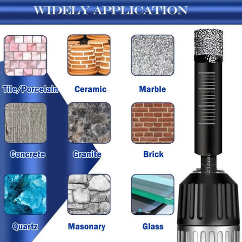 Ten Piece Three Sixteenth Inch Diamond Drill Bit Set For Tile Ceramic Marble Porcelain Glass Dry Core Bits With Cooling Wax shown with usage examples on various surfaces.