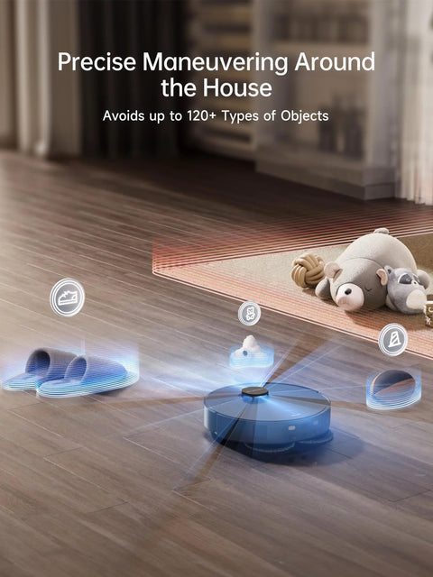 DREAME X40 Ultra robotic vacuum with liftable mop, blue body on wood floor