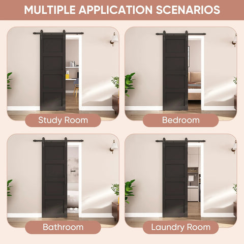Slim 28 By 84 Inch Wave Shape Black Sliding Barn Door With Hardware Kit, Four Panel, shown in different rooms
