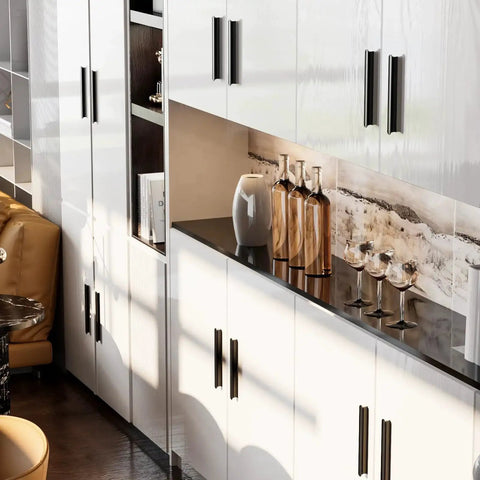 10 Pack Matte Black Cabinet Handles For Kitchen And Bathroom Renovations With 3 Inch Center To Center Hole Spacing installed on white cabinets.