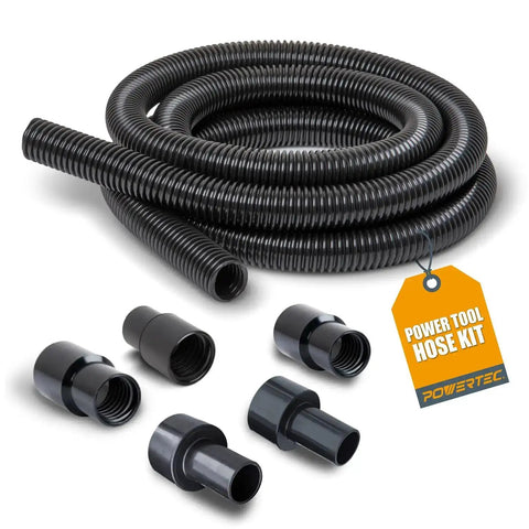 10 Ft Dust Collection Hose Kit with 5 fittings for woodworking tools and shop vacuums, coiled hose and connectors shown