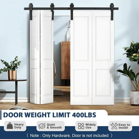 60 Inch Bi Folding Sliding Barn Door Hardware Kit for Four Bifold Doors shown installed with white doors on track