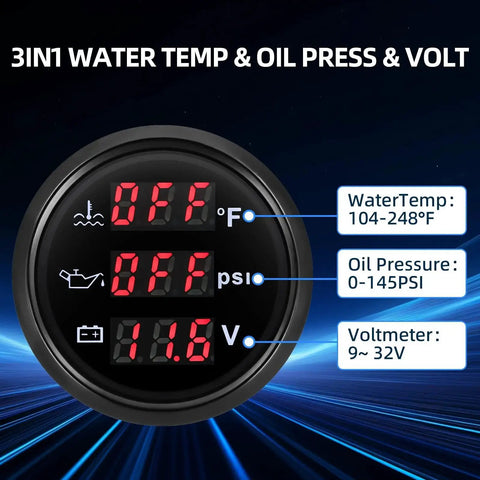 All In One 3 In 1 Boat Gauge Kit For Marine Use Water Temp 104F To 248F Oil Pressure 0 To 145 PSI Voltmeter 9 To 32V 2 Inch 52mm Auto Gauge