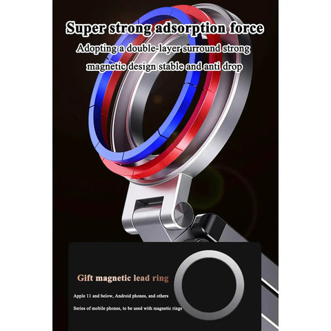 Close-up of aluminum magnetic phone tripod with double-layer magnetic ring, compatible with iPhone 12-16 Pro Max series.