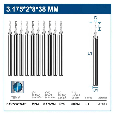 Ten Piece Set Two Flute Carbide End Mills With One Eighth Inch Shank For CNC Machining Wood PVC MDF Includes Cutting Diameters 0.8mm 1.0mm 1.5mm 2.0mm 2.5mm And 3.17mm For Precise Spiral Cutting, showing detailed dimensions.