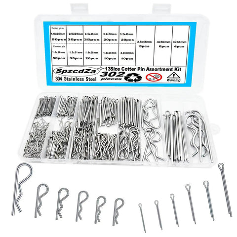 302-Piece Cotter Pin And R Clip Assortment Kit In 13 Sizes, 304 Stainless Steel Heavy Duty Hardware Set For Trucks And Engine Repair in clear case