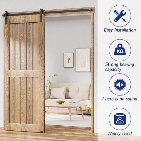 Sliding Barn Door Hardware Kit For 10 Ft Track, Smooth And Quiet Glide, Easy Installation, shown with wooden door in living room