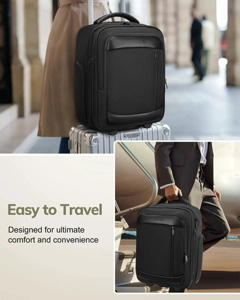Underseat Carry On Luggage With Wheels For Men And Women, TSA Approved Rolling Overnight Weekender Bag shown on top of suitcase and by plane door
