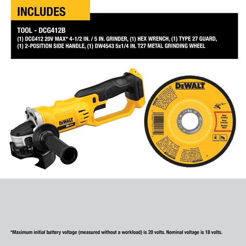 Cordless 4-1/2 Inch Angle Grinder With 8,000 RPM Motor, Quick-Change Wheel Release, Tool Free Guard, And 20V Max Power From DEWALT DCG412B Tool Only shown with grinding wheel and components.