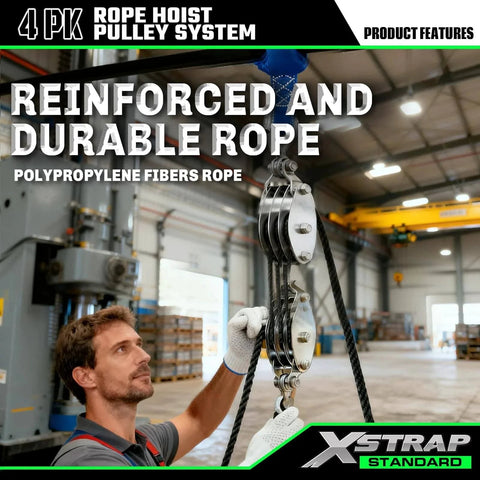 Worker using Heavy Duty Hoist With 50 Ft 4.5mm Poly Rope 2000 LB Breaking Strength 1000 LB Load Capacity Includes 2 Soft Loops