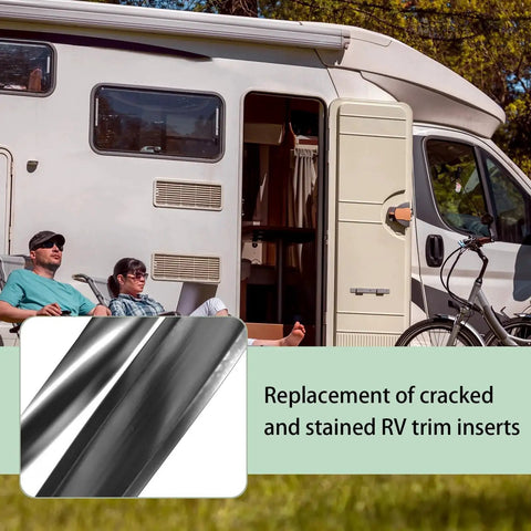 1 Inch Black Vinyl RV Exterior Trim Molding Screw Cover Roll for Boats Campers Travel Trailers and Recreational Vehicles, Recessed Vinyl Trim Strips Replace Cracked Siding and Prevent Rust and Water Intrusion, 100 ft Length in use on an RV.