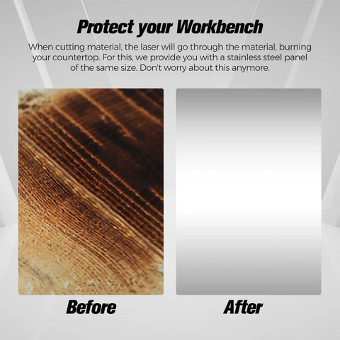 Comparison image showing laser engraver cutting effects on surfaces, with a before and after view of a wood panel and stainless steel panel.