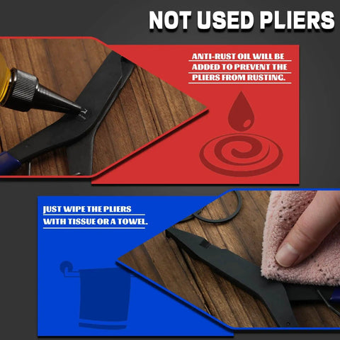 9 Inch Spring Loaded Angle Tip Locking Pliers For Retaining Rings shown with anti-rust oil and cleaning instructions.