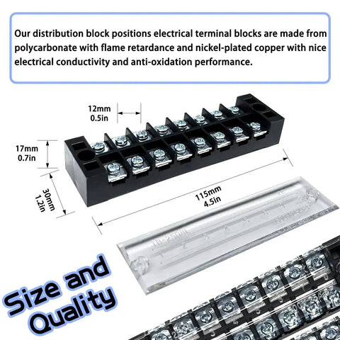 4 Sets 8-Position 600V 25A Terminal Blocks With Cover, Dual Row Ground Bus Bar Wire Screw Terminal Kit shown in parts