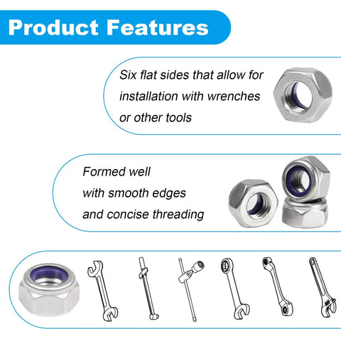 100 Pack M6 Nylon Insert Lock Nuts Self Locking Hex Nuts, Yinpecly 304 Stainless Steel, 6mm Tall, illustrated features view