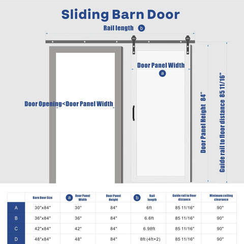 Diagram of Sliding Barn Door 30x84 Inches Black With Modern Paneled Wave Design, showing measurements and rail details.