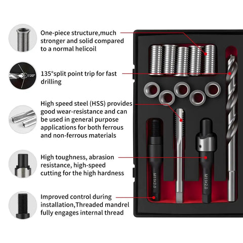 M11x2.0 Thread Repair Kit With Stainless Steel Inserts For Cars And Trucks, Includes HSS Drill, Tap, Counterbore, Install Driver