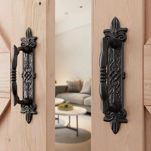 Heavy Duty 9 Inch Antique Barn Door Handle Set Of 2, Big Rustic Carved Door Pull for gates, garages, sheds, black powder coated