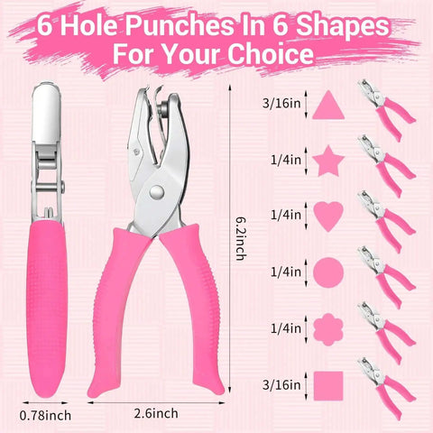 Front view of Six Piece Craft Hole Punch Set for Scrapbooking and Binders, featuring 1/4 and 3/16 inch pink punches in six shapes.
