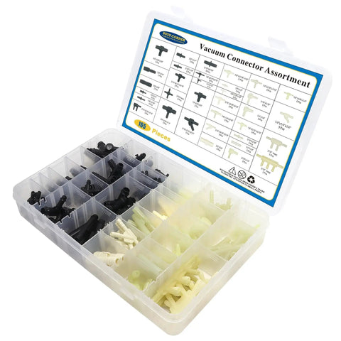 Automotive Vacuum Tubing Connector Kit With 34 Sizes And 165 Pieces in a labeled storage box, showing various connectors.