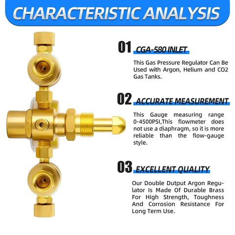 Argon Regulator Flow Meter For TIG MIG Welding With Six Point Five Foot Hose CGA580 inlet, dual output, durable brass design.