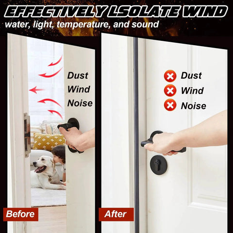 Adhesive Fire and Smoke Gasket Seal for Doors and Windows shown before and after installation blocking dust and noise.