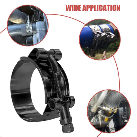 Four Pack 1.5 Inch TBolt Hose Clamps 44 To 50mm Stainless Steel 300 Series Black Bolt Clamp For Secure Hose Connections 1.73 To 1.96 Inch Working Range Suitable For 1.5 Inch Hose ID Durable And Reliable with images showing diverse applications on hoses.
