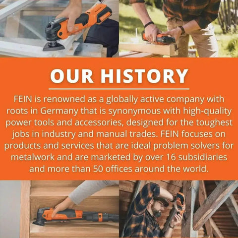 Collage showing Fein tools in use, highlighting FEIN's history and commitment to quality in metalworking and manual trades.