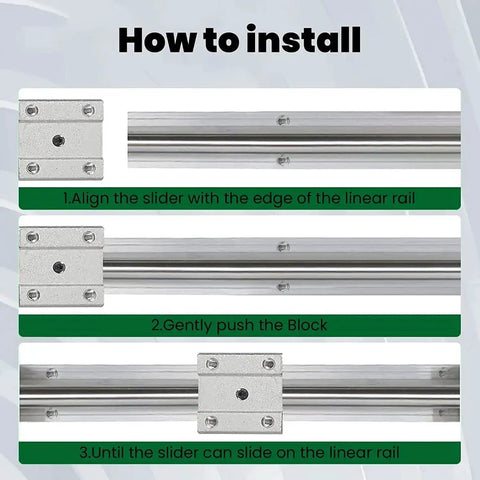 SBR12 Linear Rail Kit 1000mm Two Rails With Four SBR12UU Bearing Blocks And Included Screws Handle And Wrench For DIY CNC Routers Lathes Mills Fully Supported Pro Grade Build Ready For Heavy Duty Automated Machines installation guide showing rail alignment and slider positioning.
