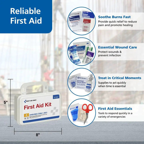 ANSI A 2021 And OSHA Compliant 10 Person First Aid Kit for Business, Home, Car and Worksites with 76 Pieces displayed with features