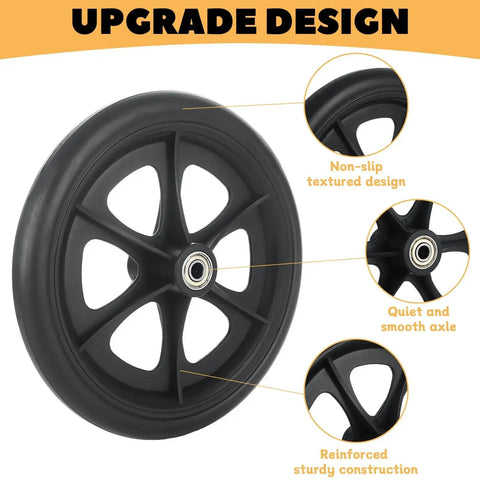 4 Pcs Replacement Wheelchair Wheels 8 Inch Universal Anti Slip Casters For Wheelchairs Walkers Rollators Black Includes Axle Screws Fits Most 8 Inch Frames With 7.87 Inch Diameter And 0.94 Inch Rim Width - close-up showing non-slip texture and smooth axle design.