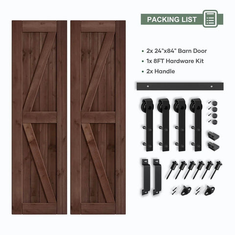 48x84 Inch Double 24x84 Inch Sliding Barn Wood Door Slab With 8ft Hardware Kit And Handle In Coffee Finish K Shape Spruce Solid Wood