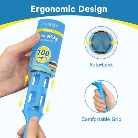 Hand holding Extra Sticky Lint Roller With 600 Sheets, Easy Spiral Tear For Effortless Sheet Removal and Ergonomic Handle