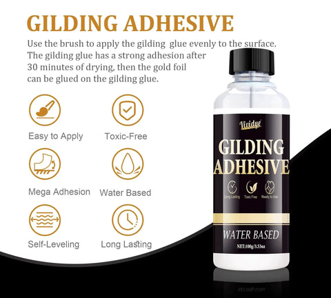 Bottle of water-based gilding adhesive with product features icons, part of All-In-One Gold Leaf Gilding Kit With 24K Gold Foil Sheets.
