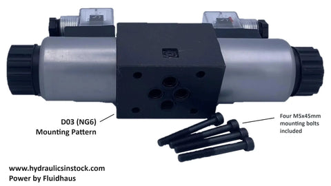 Pro Grade Heavy Duty Hydraulic Electric Solenoid Valve D03 NG6 With 12VDC DIN Connector front view with mounting bolts