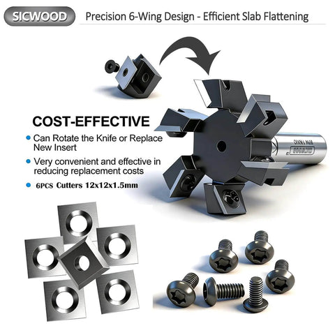 Slab Flattening Router Bit With A Half Inch Shank, Six Wing Carbide Insert, Two Inch Cutting Diameter, CNC Spoilboard Surfacing Bit