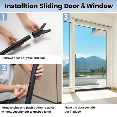 Three In One Sliding Door Security Bar 3 Pack Adjustable From 20.5 To 51.8 Inches With Removable Top And Bottom Catches installation guide