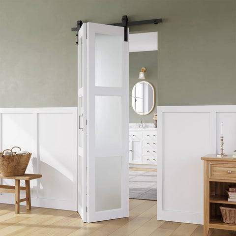 36x84 Inch White Bifold Barn Door With Hardware Kit Included Pre Drilled Holes For Easy Assembly Water Proof PVC Surface.