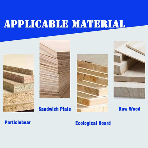 Image showing applicable materials for woodworking: particleboard, sandwich plate, ecological board, and raw wood.