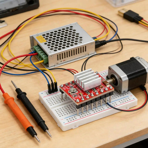 Five Pack A4988 Stepper Motor Driver Modules With Heat Sink For 3D Printers And Arduino on a breadboard with wiring