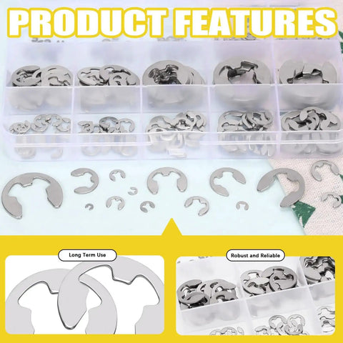 Stainless Steel E Clip Assortment Kit With 14 Sizes For DIY And Mechanical Repairs External Retaining Rings In 1.5 To 15 Mm 211 Pieces With Tweezers And Storage Box Great For Auto Bike Machinery And Hobby Shop Projects