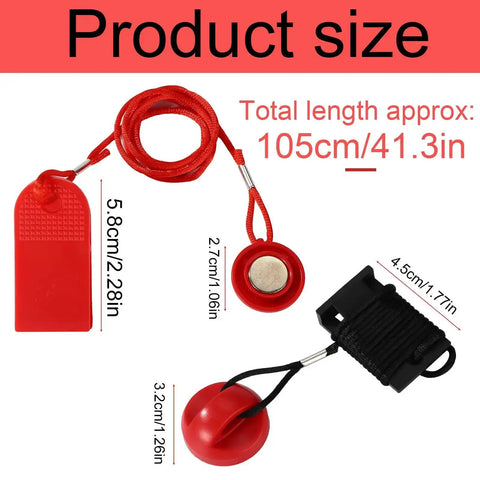 Two Pack Universal Treadmill Magnet Safety Key With Clip And Emergency Stop Replacement For Most Running Machines in red, showing key sizes