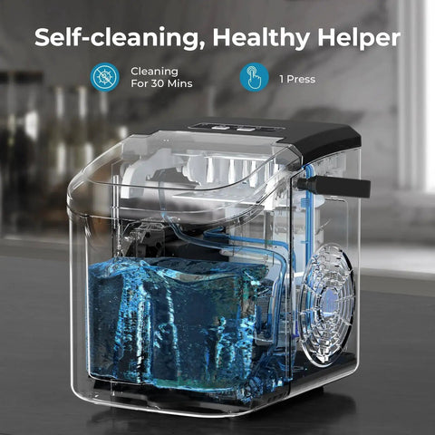 Portable Countertop Ice Maker With 26lb Daily Capacity And Two Ice Size Options with self-cleaning feature on kitchen counter.