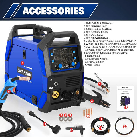 Six In One 250 Amp MIG Welder Workhorse for Aluminum and Steel Dual Voltage 110 and 220 Volt Portable Welding Machine with accessories