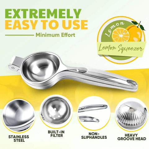 Heavy Duty Lemon Squeezer Juicer Hand Press, Stainless Steel Citrus Extractor For Lemons And Limes, Ergonomic Long Lever shown with features