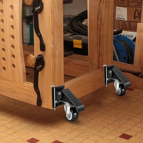 Heavy Duty Workbench Casters Kit 900 Lbs Quick Release with two mounting options on wooden workbench